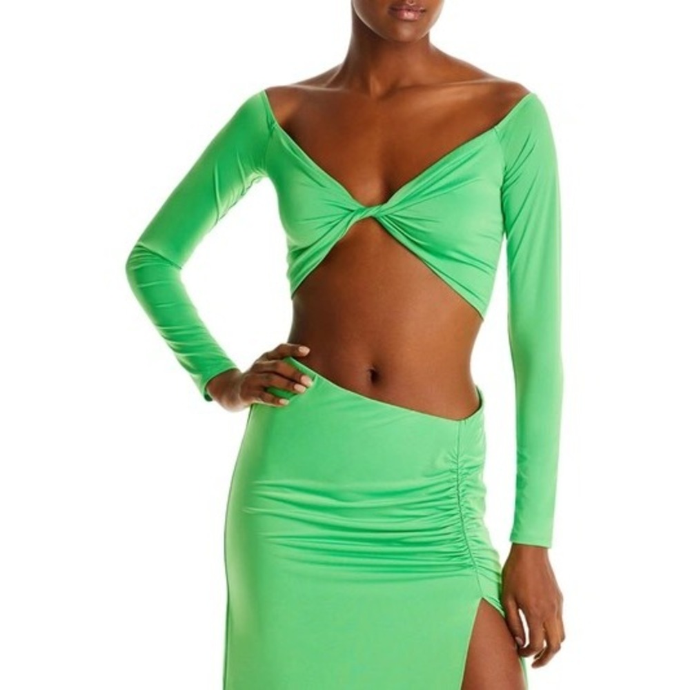 AFRM‎ Ally Off-The-Shoulder Crop Top Neon Green Twist Front Long Sleeve Medium